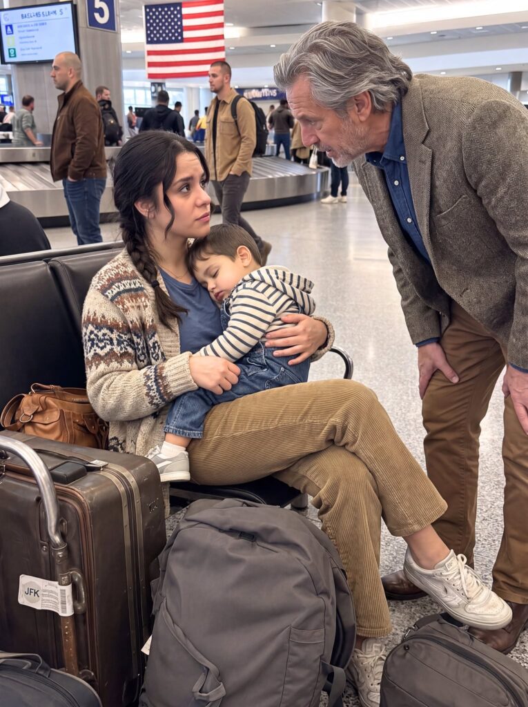 At JFK Airport, I discovered my widowed daughter-in-law cradling my sleeping grandson, with three worn suitcases beside her and a one-way ticket someone else had arranged without her consent.